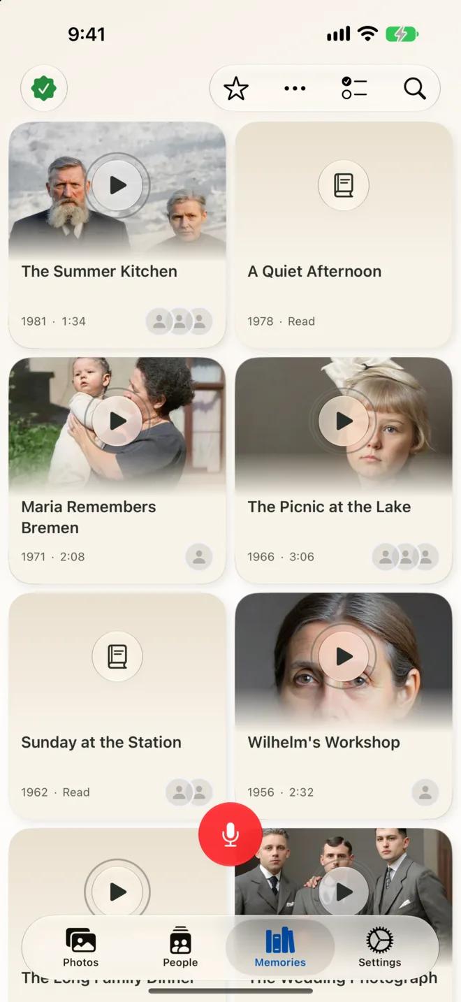 The Relivio memories view on an iPhone, showing recorded family stories