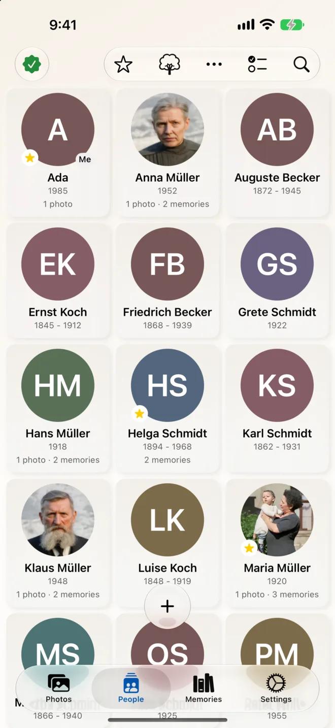 The Relivio people view on an iPhone, showing named family members with their portraits