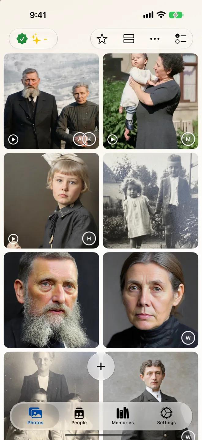 The Relivio photo gallery on an iPhone, showing restored family photographs